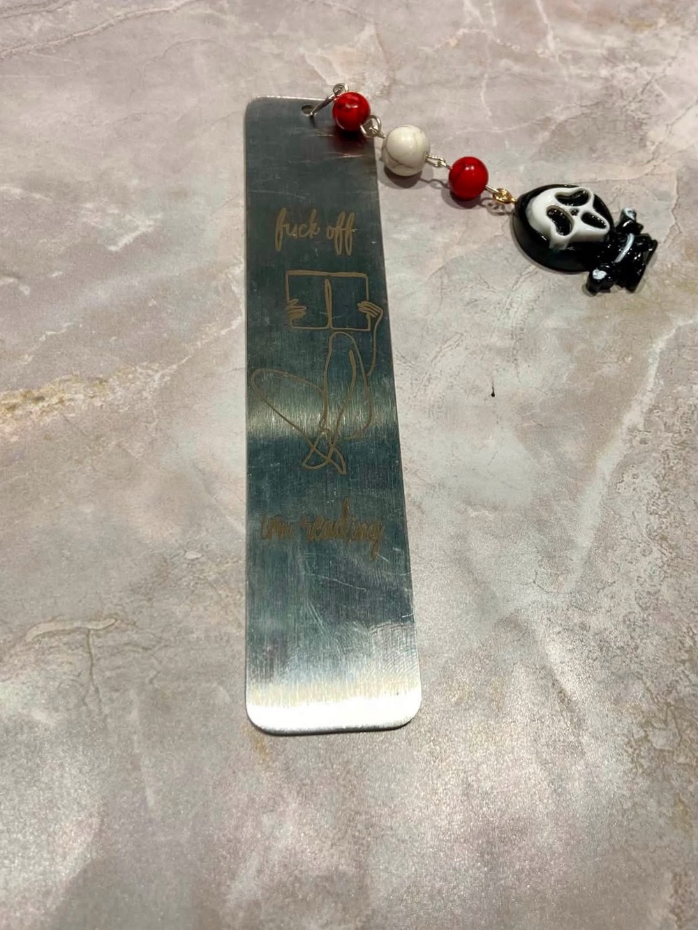 Hand Crafted Silver Bookmark with Red and White Bead Charm and Black Skull